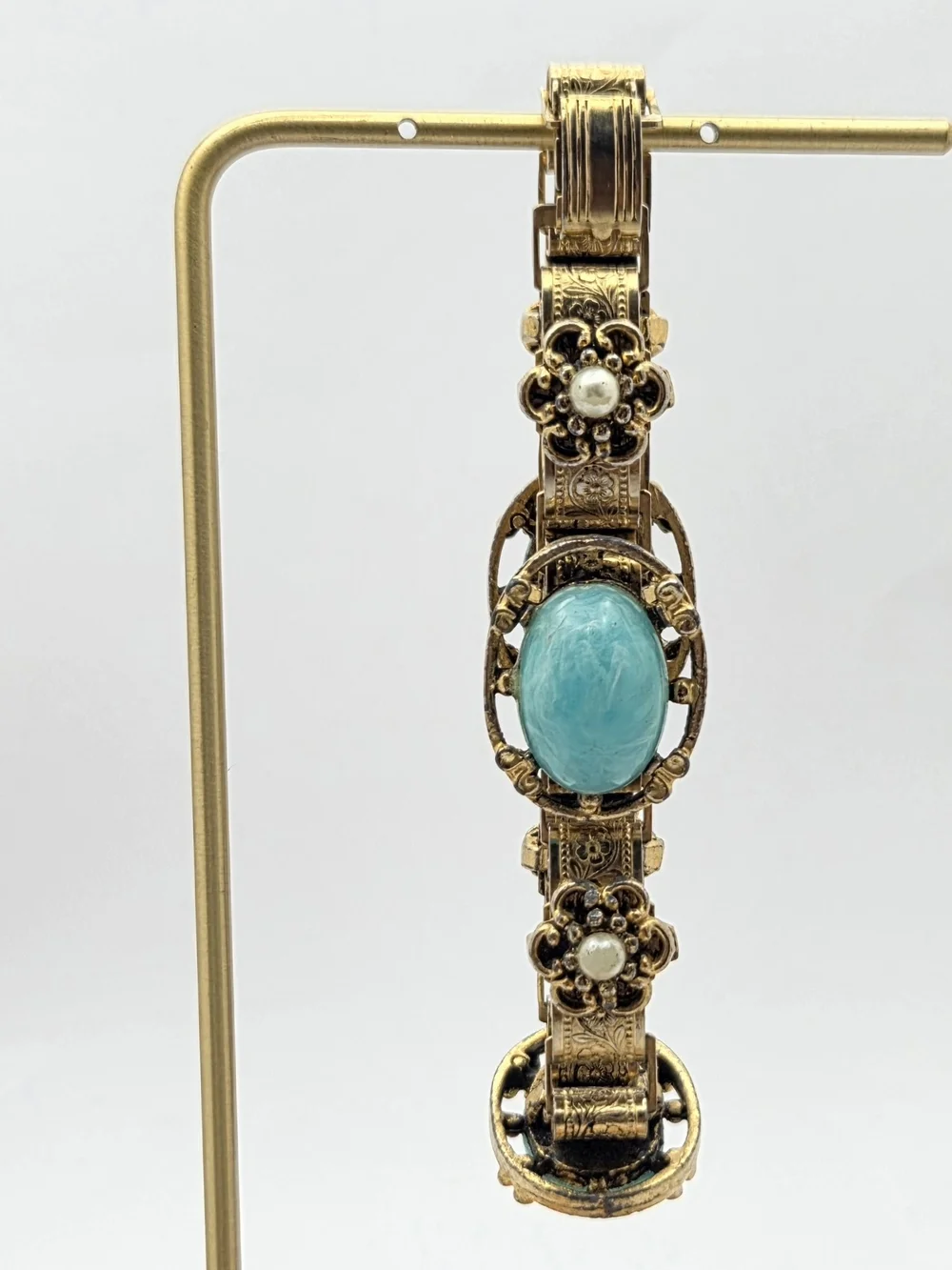 Vintage Gold Tone Faux Turquoise Pearl Panel Bracelet Filigree Etched 7 Inches